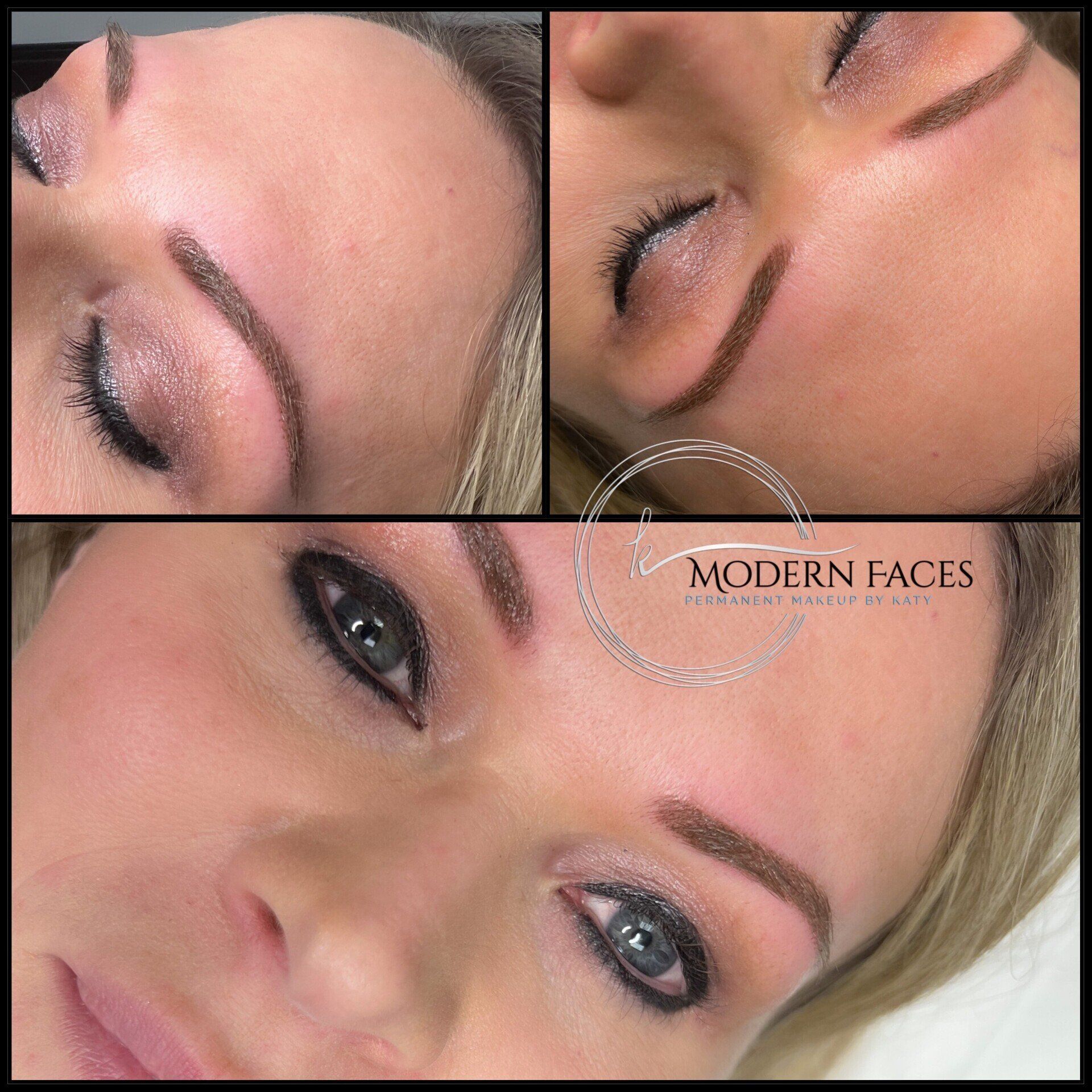 Close-up collage of eyebrow microblading results on a woman’s face, with a “Modern Faces” watermark.