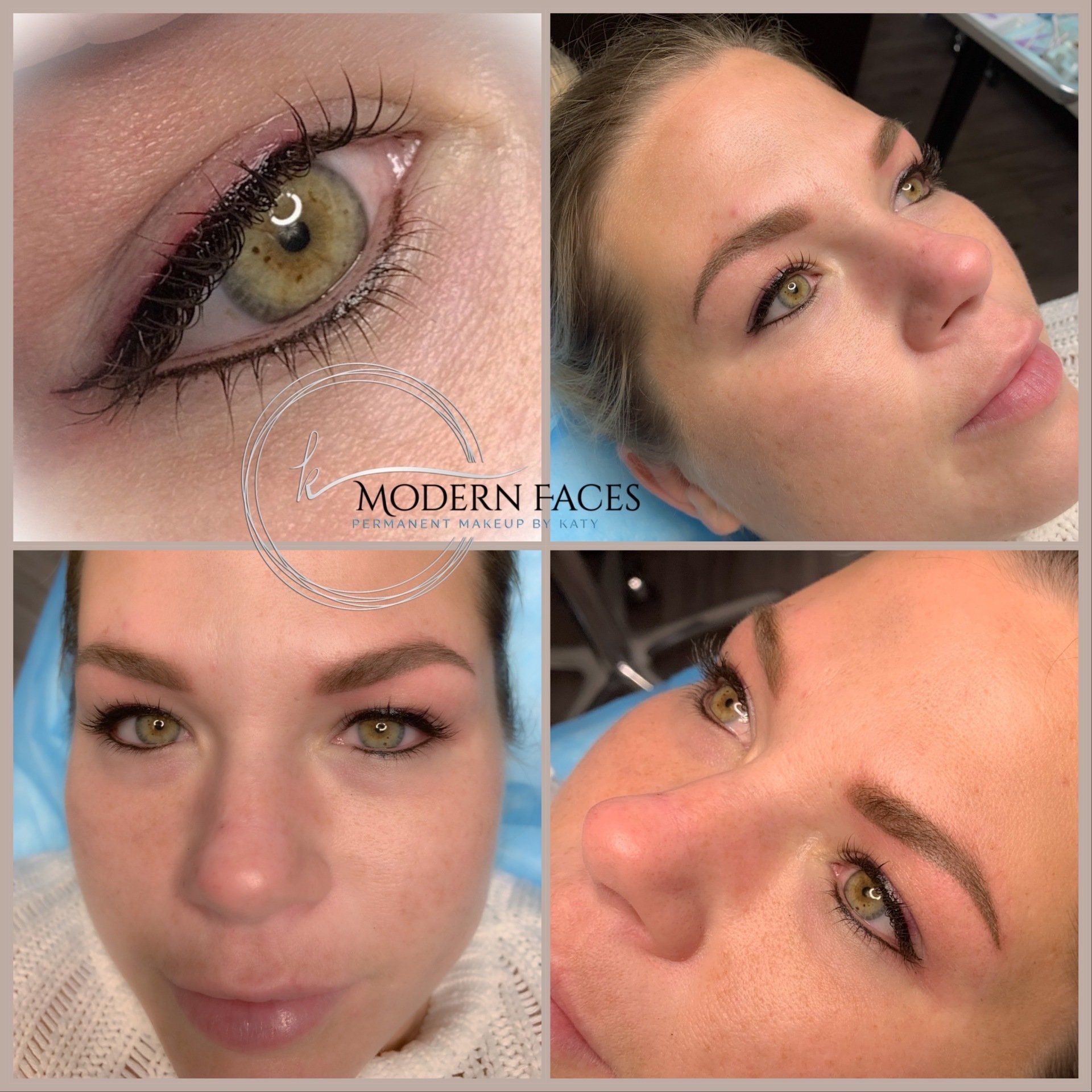 Collage of close-up eye and brow treatment results on a woman’s face with green eyes.