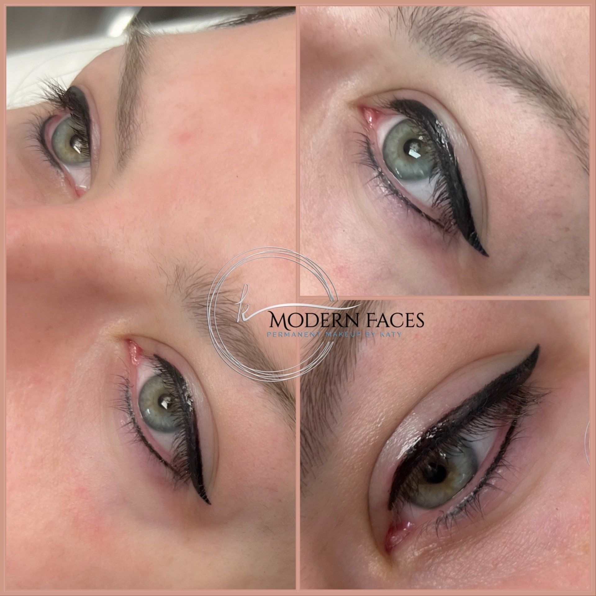 Collage of four close-up eyes with winged black eyeliner and soft pink eyeshadow, labeled “MODERN FACES”