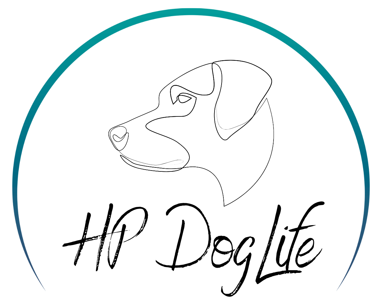 Een turquoise cirkelvormige rand omringt een lijntekening van een hondenprofiel boven de handgeschreven tekst 