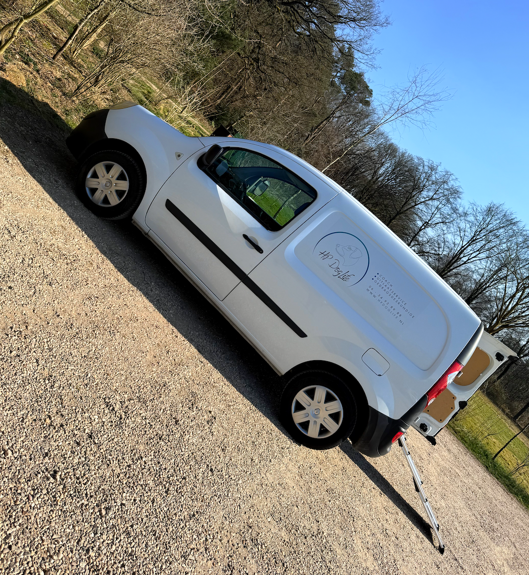 Witte bestelbus met een loopplank 