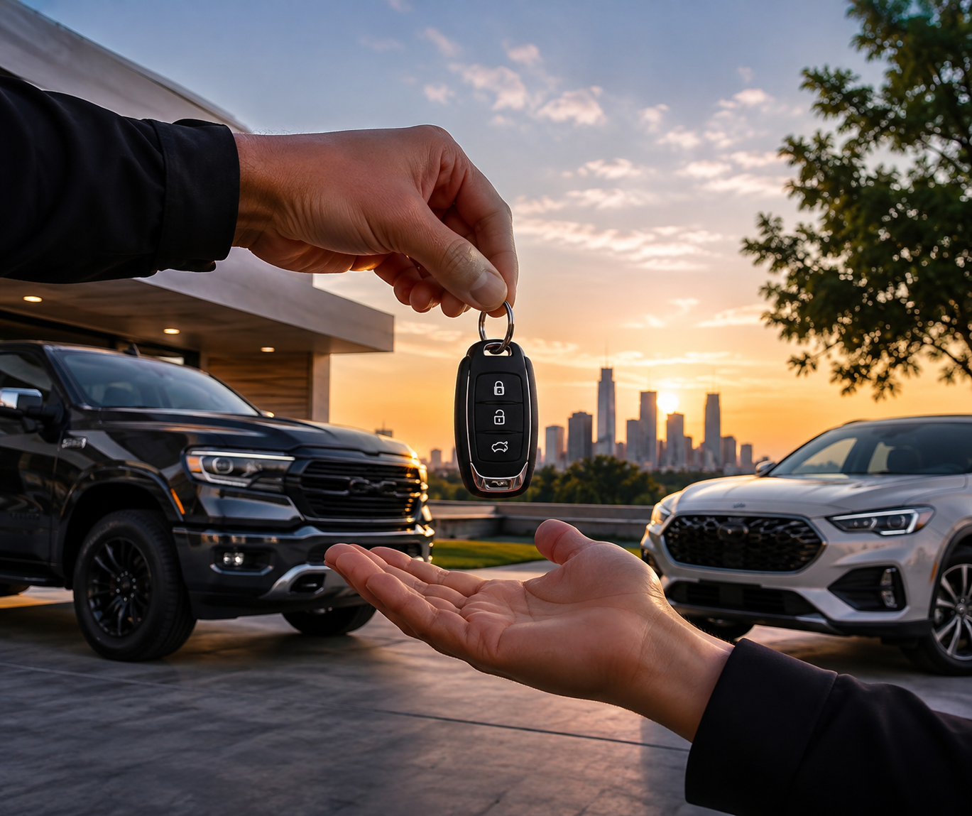 Hand holding car key fob between two SUVs at sunset with city skyline in the background