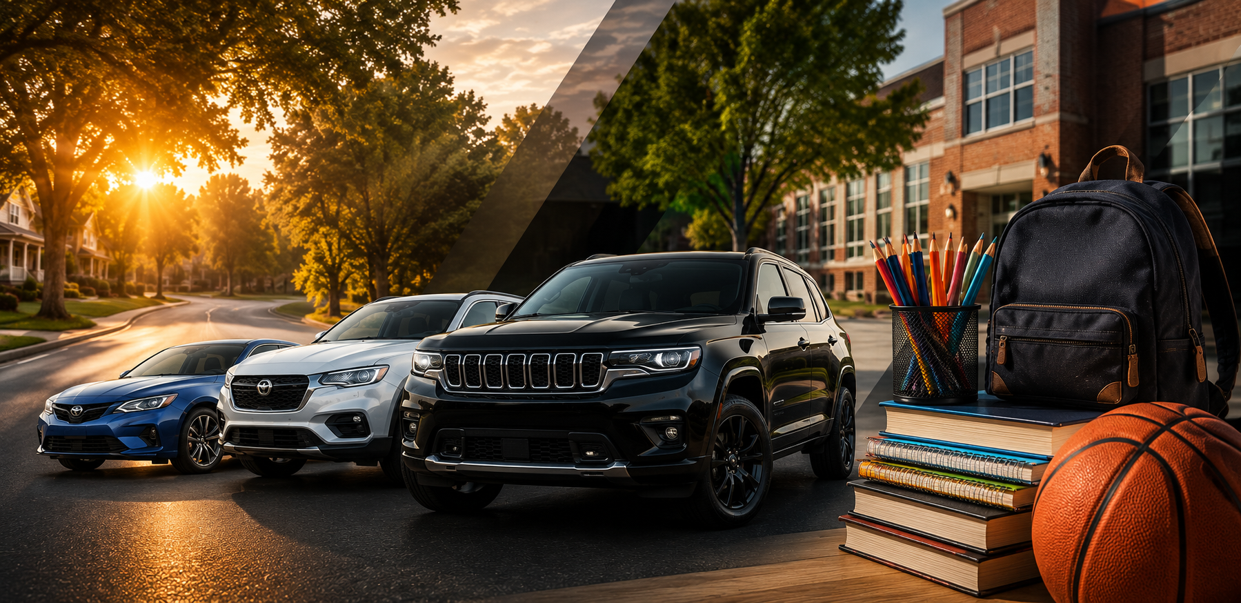 Three cars parked on a city street beside basketballs and backpacks at sunset for back to school tim