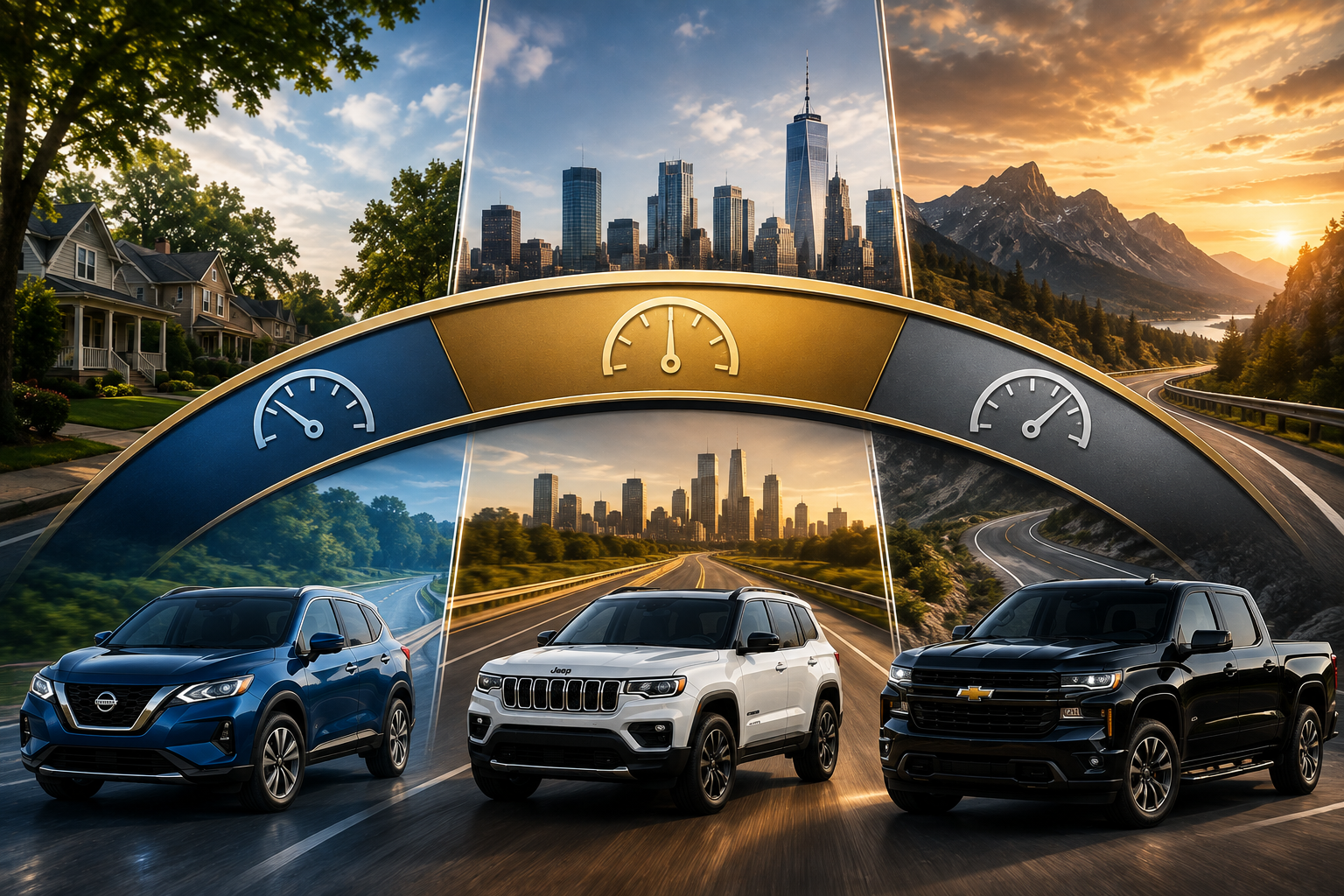 Three SUVs under an arched banner, with city, mountain, and sunset backdrops