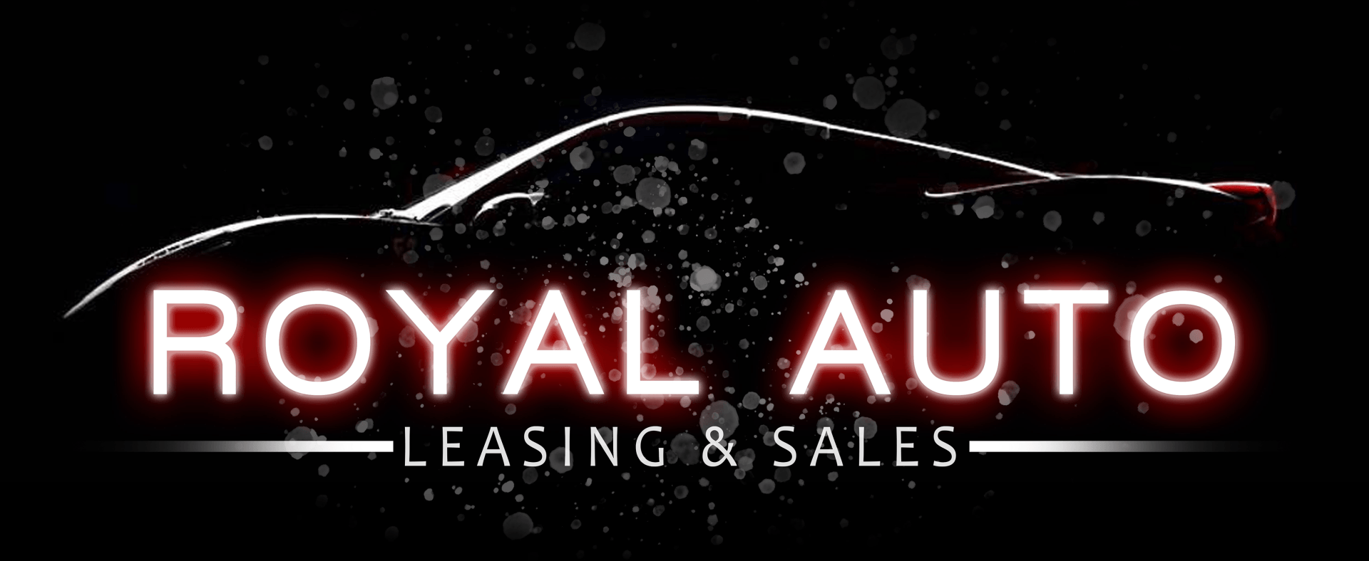 A logo for royal auto leasing and sales with a car in the background