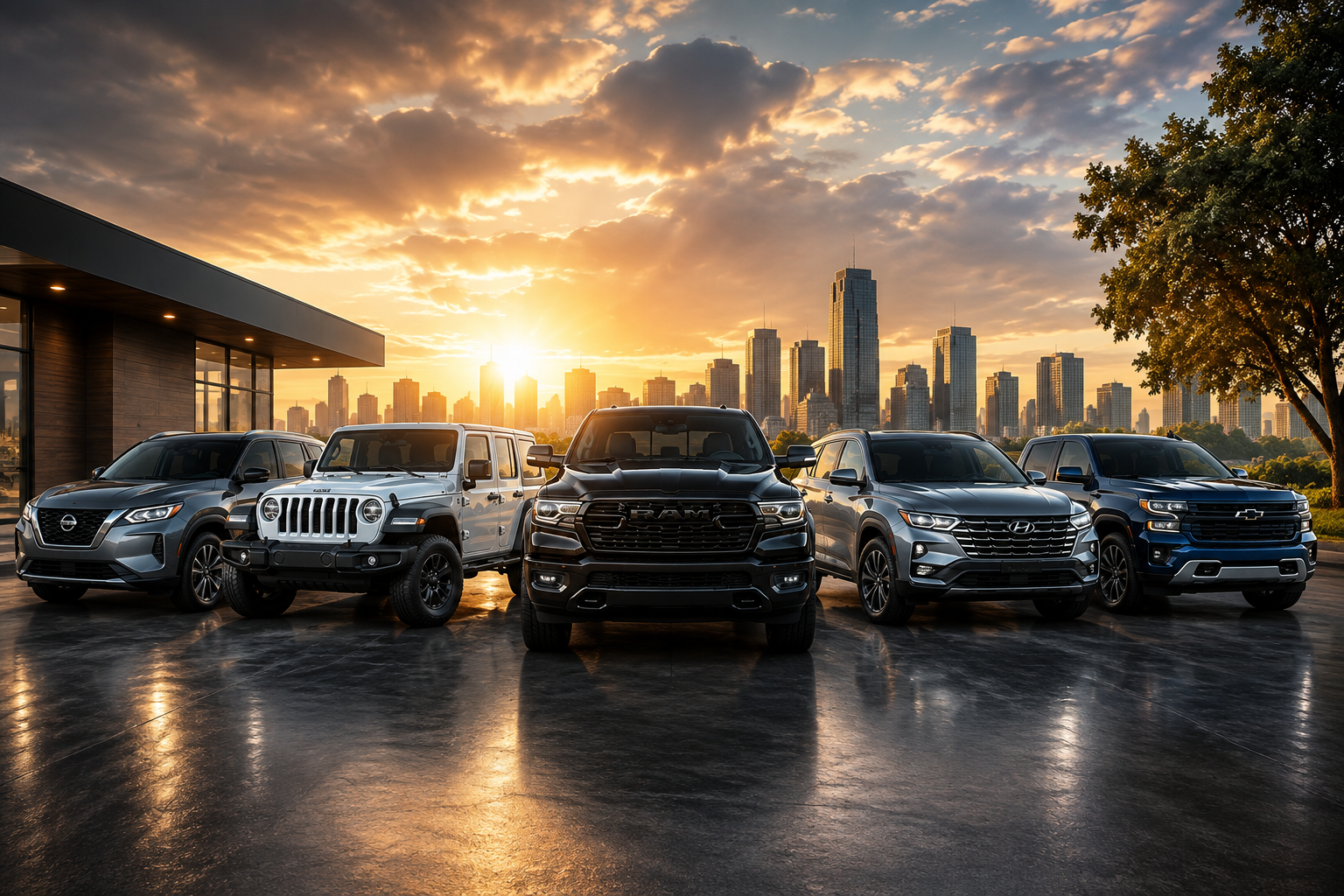 Five luxury SUVs parked on wet pavement at sunset with a city skyline in the background