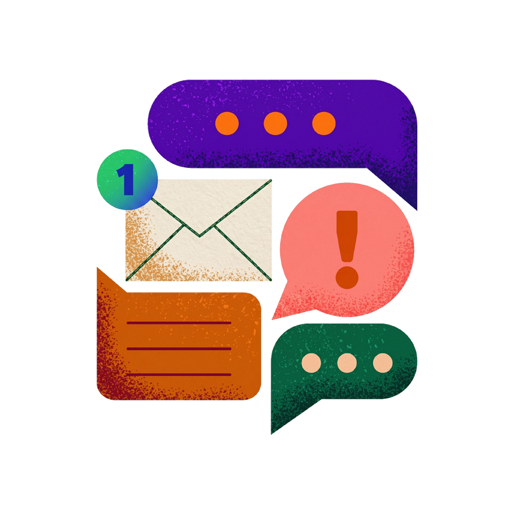 Colorful chat and email icons with notification badges and alert symbols