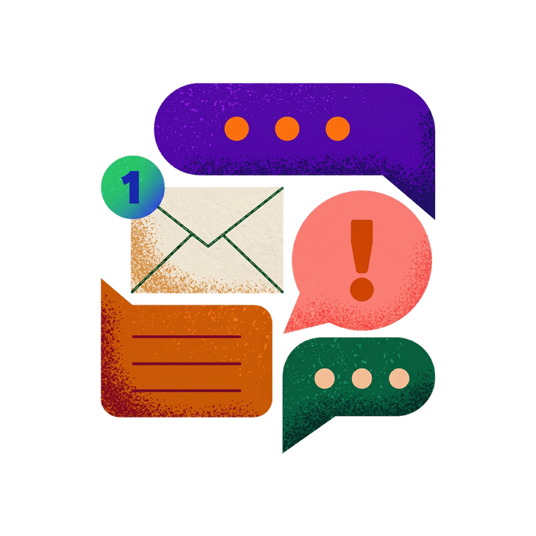 Colorful chat and email icons with notification badges and alert symbols
