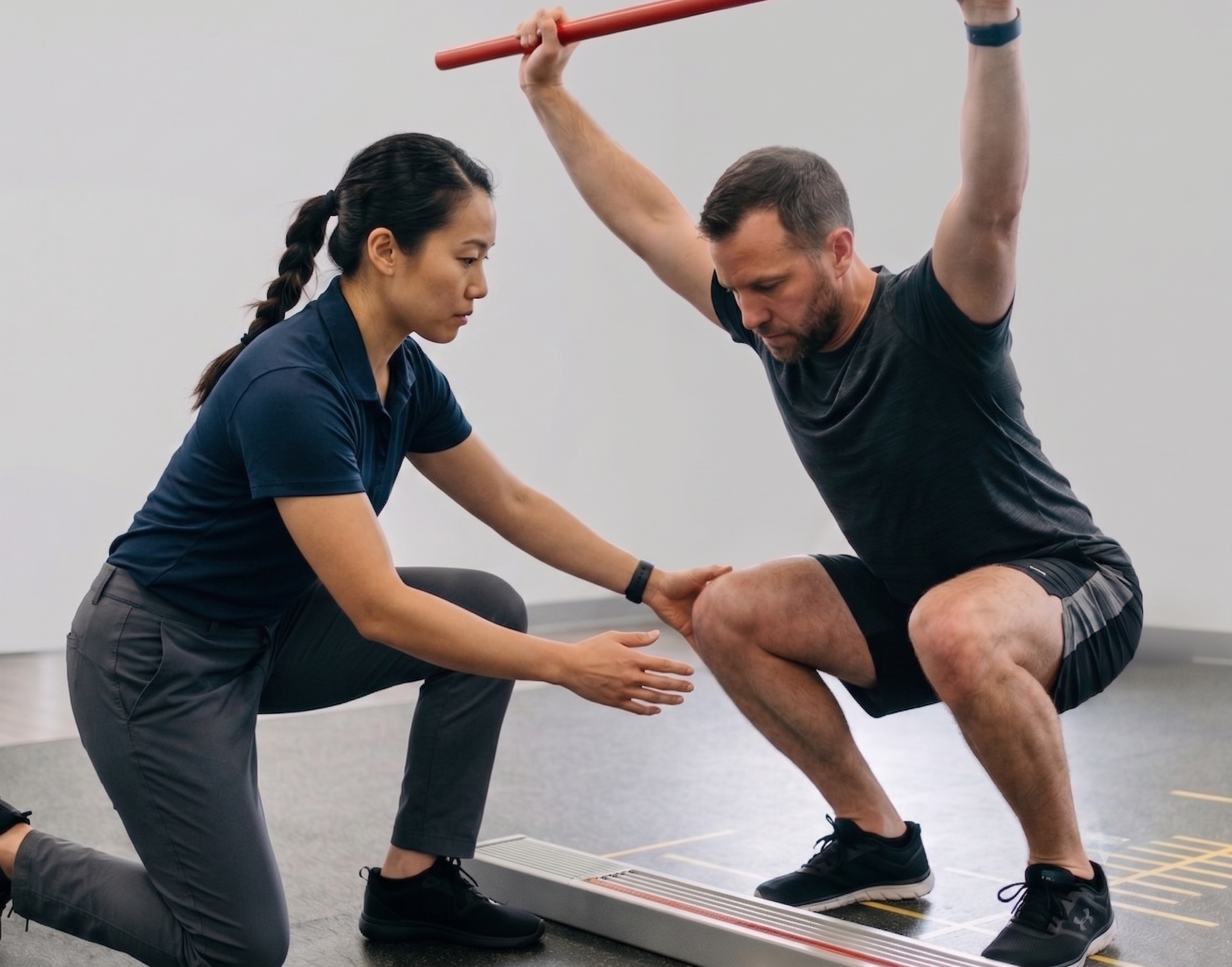 Trainer assists a man doing a squat with a barbell in a gym