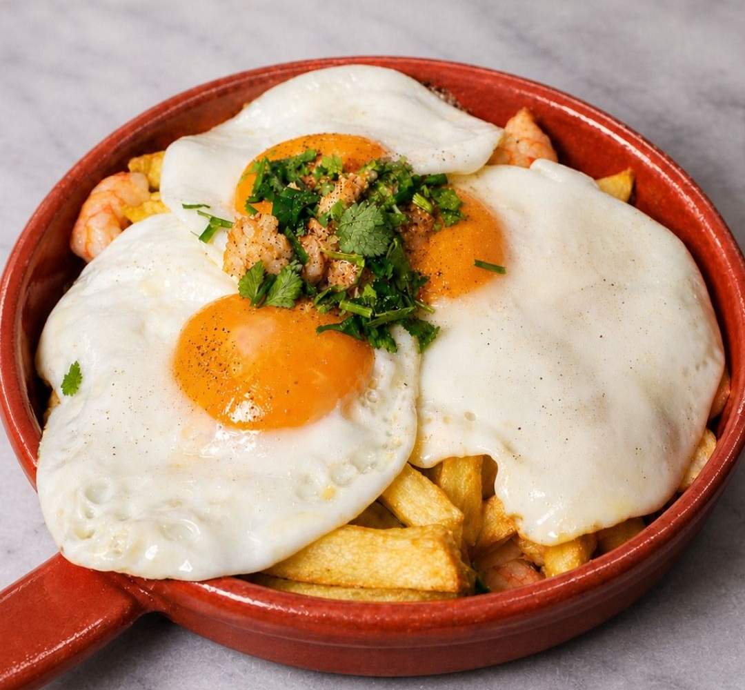 Ovos assados ​​sobre batatas fritas em um prato vermelho, cobertos com ervas picadas e molho.