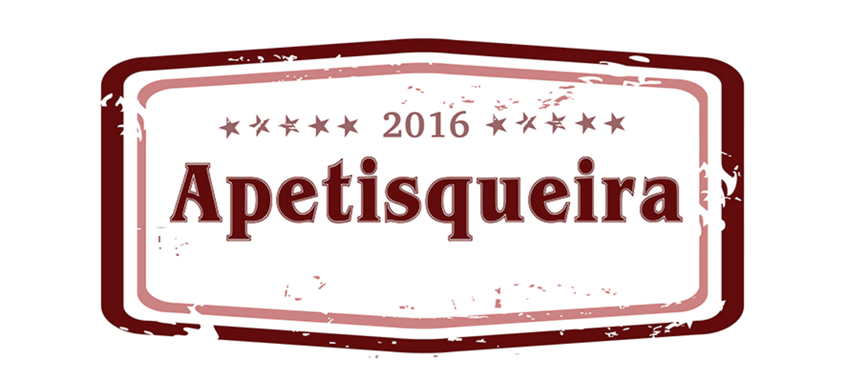 Logotipo com a palavra “Apetisqueira” em bordô sobre fundo branco, emoldurado por um retângulo arredondado bordô e “2016” acima.