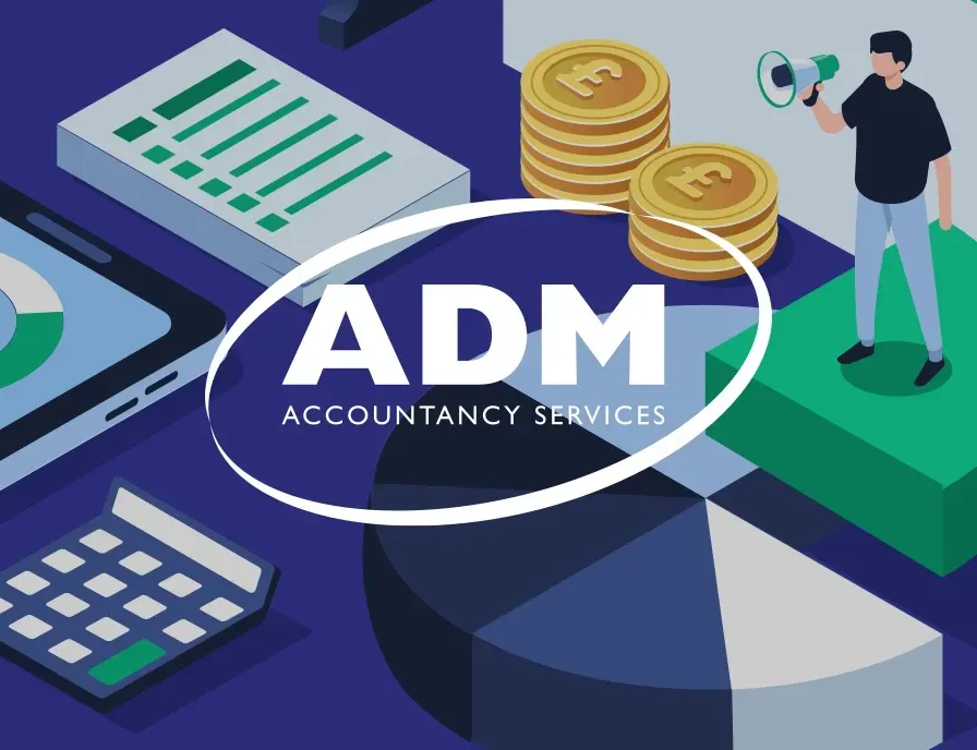 An adm accountancy services logo with a man holding a megaphone