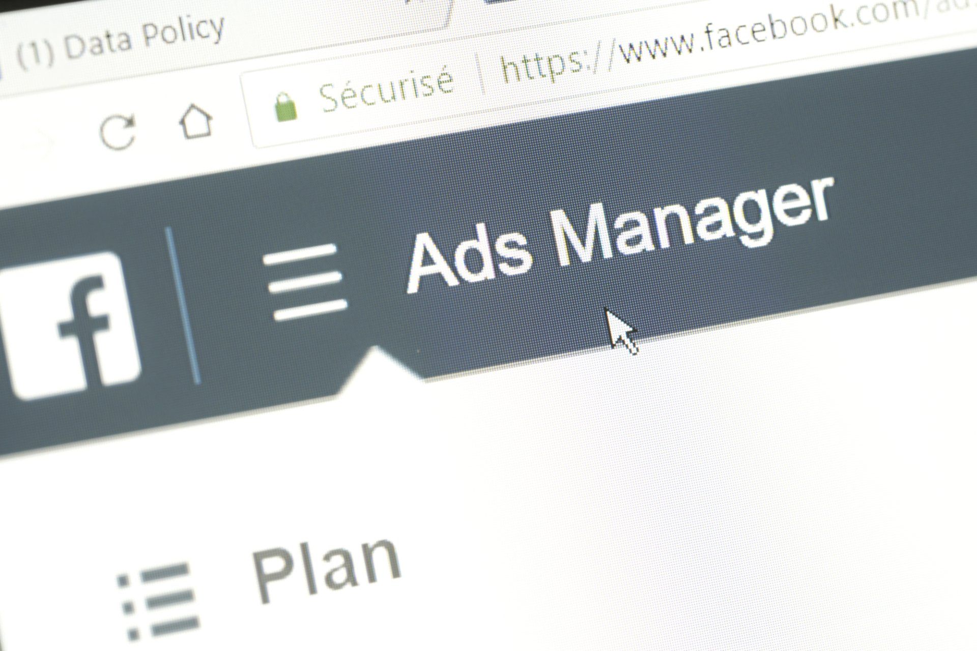A computer screen is open to the ads manager page