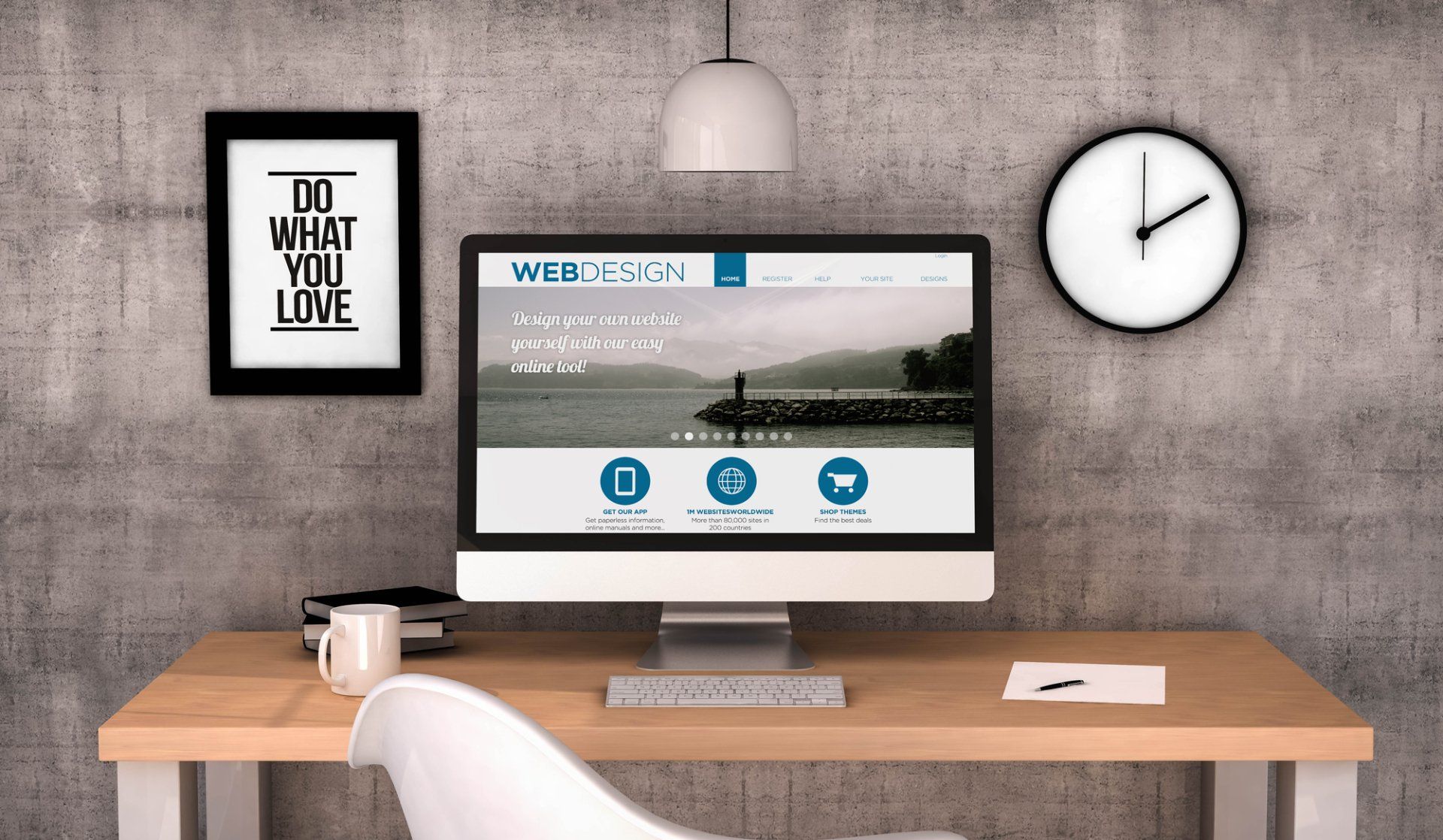 A desk with a computer and a clock and a poster that says do what you love