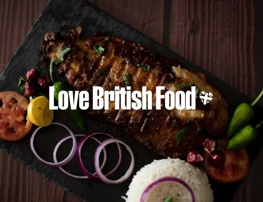 A plate of food with the words love british food above it