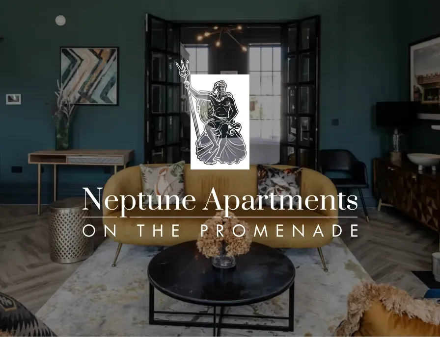 An advertisement for neptune apartments on the promenade