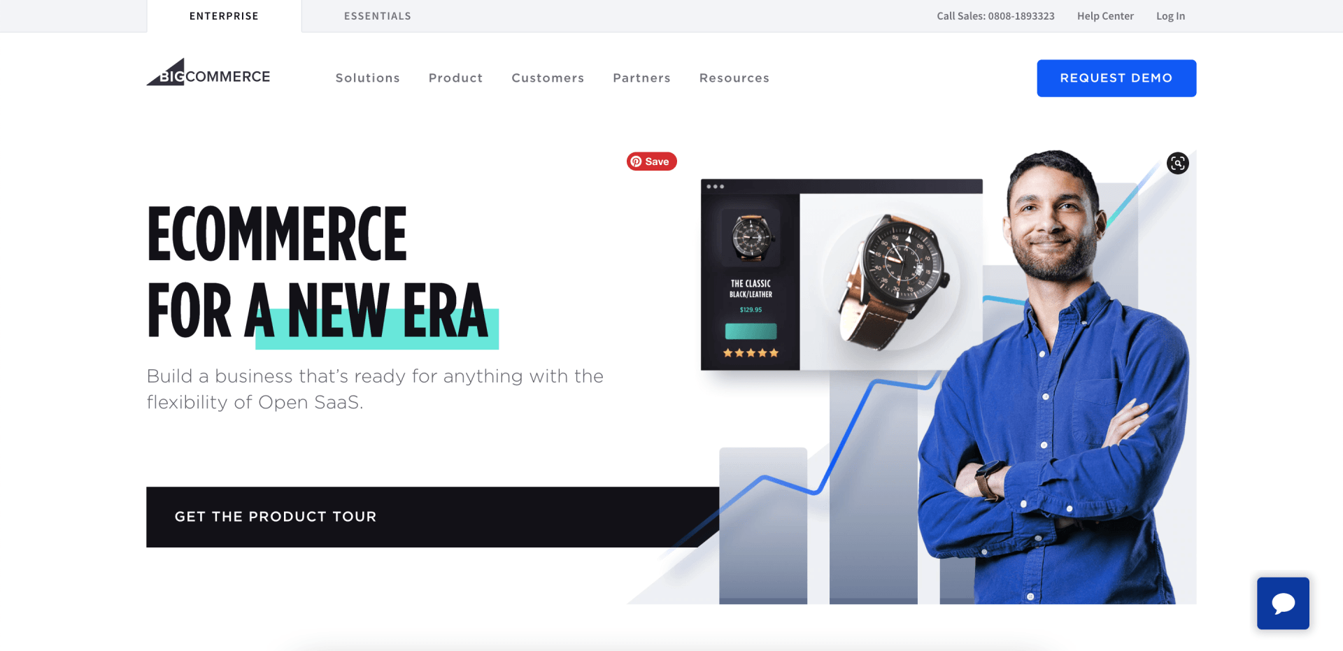 A man in a blue shirt is on the homepage of an ecommerce website
