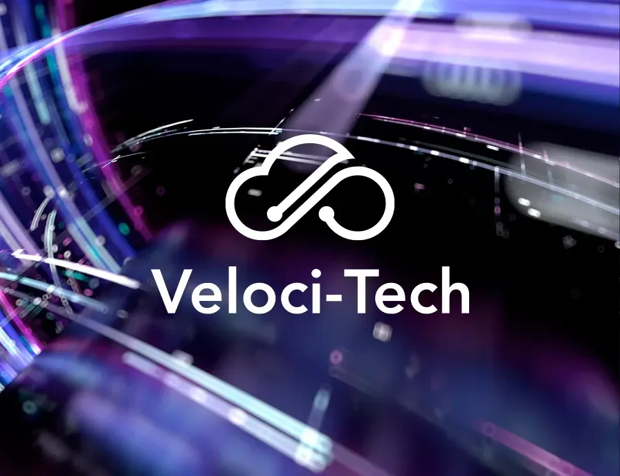 A logo for veloci-tech with a purple background