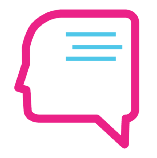 A pink and blue icon of a person 's head with a speech bubble.