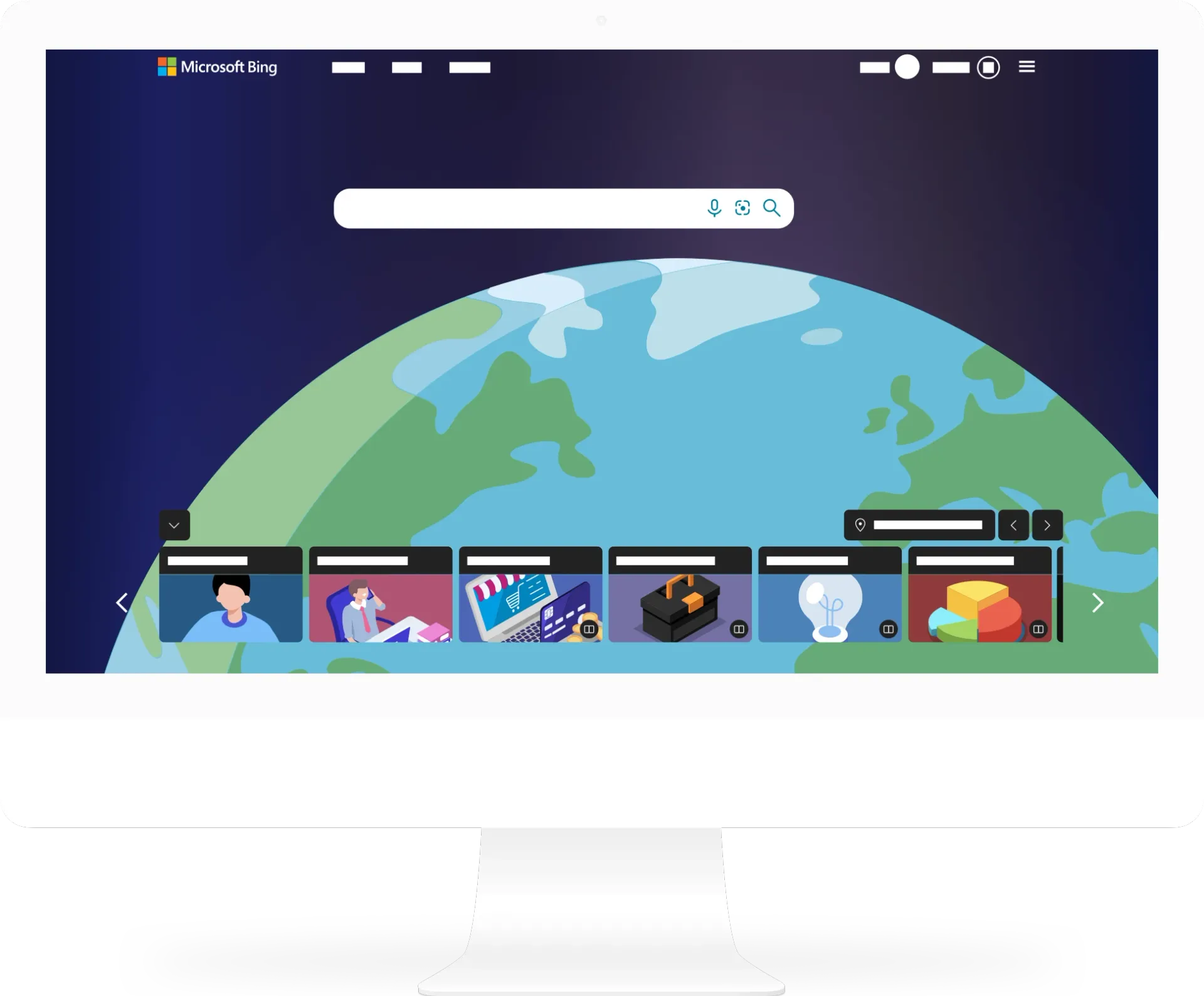 A computer screen with a globe on it and a search bar