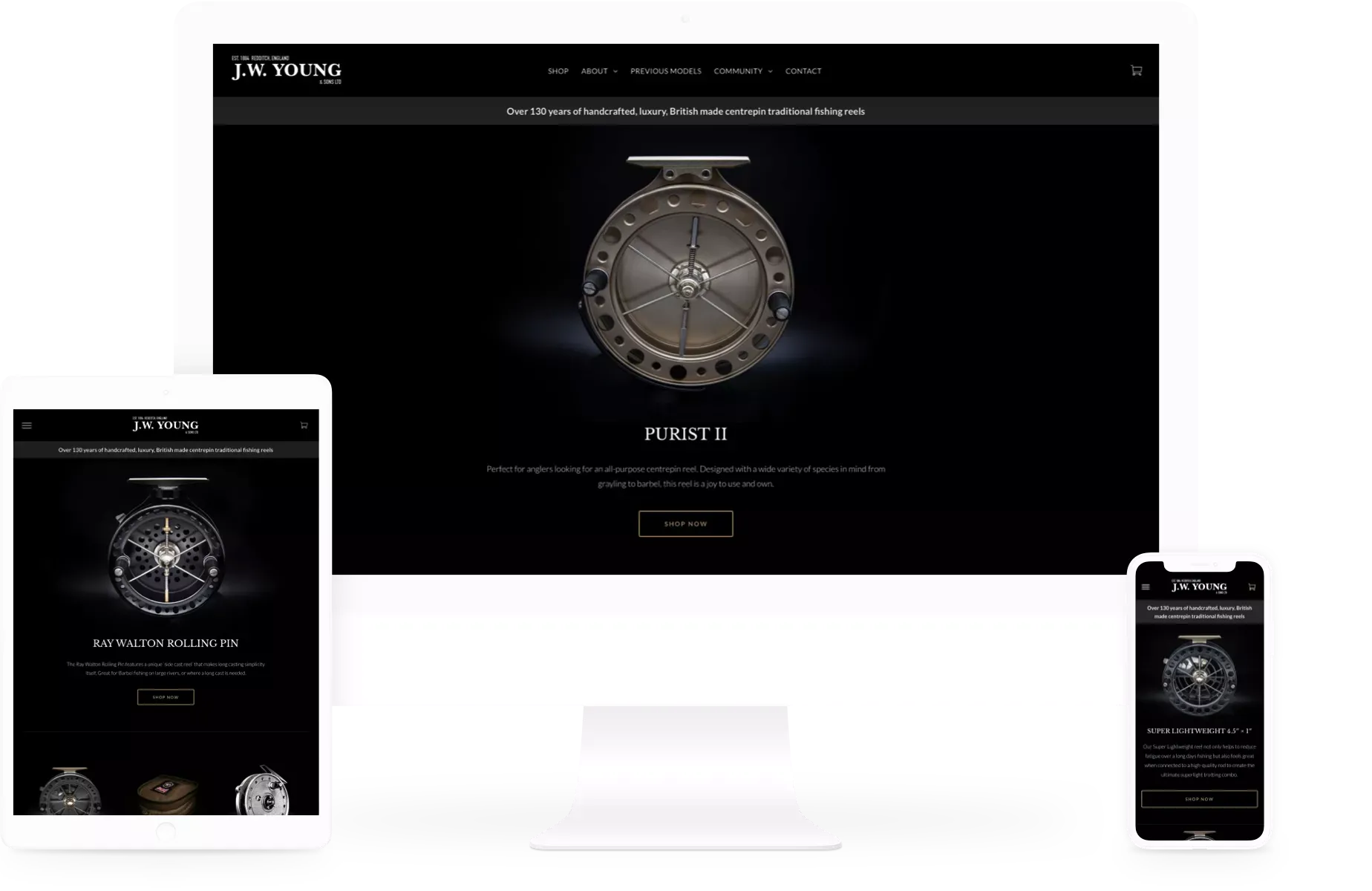 A computer , tablet , and cell phone are displaying a website for a watch company.