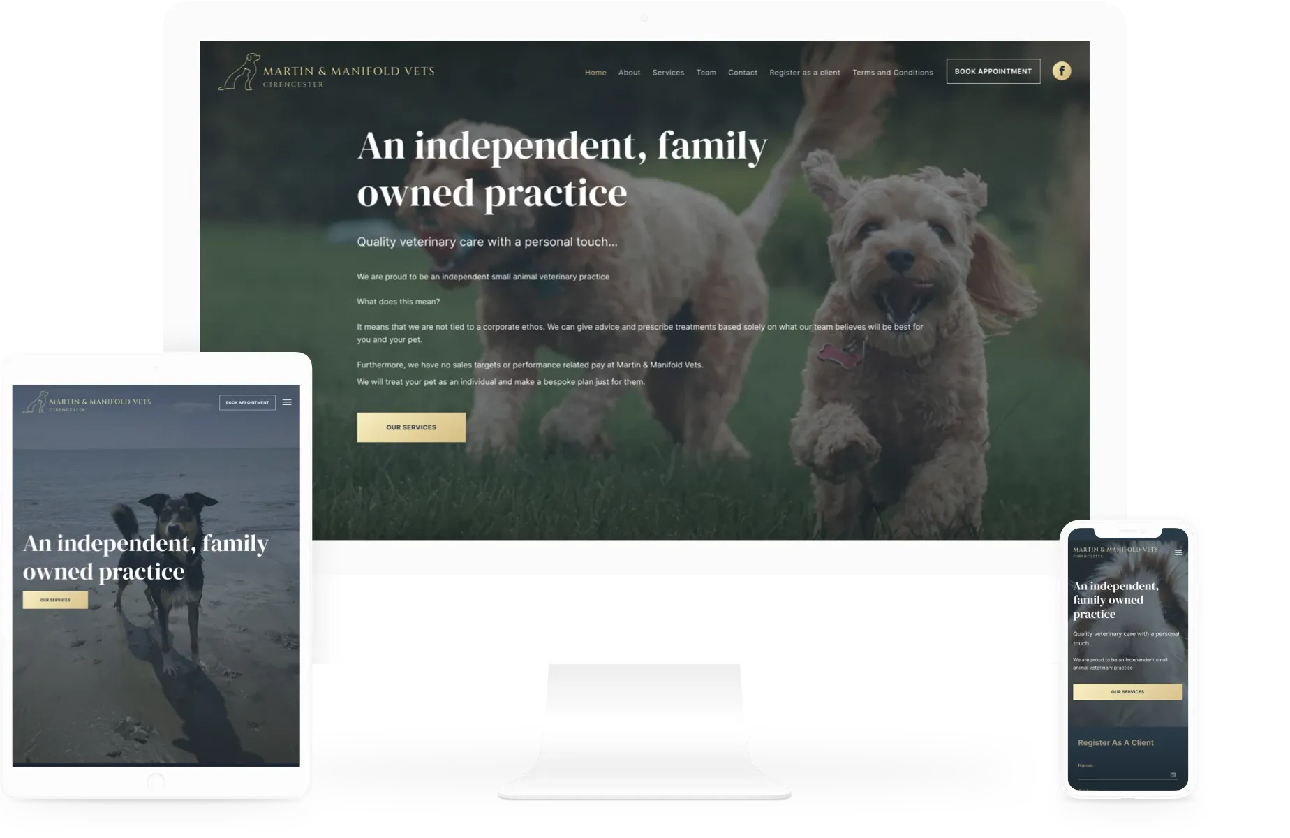 A computer monitor a tablet and a cell phone display a website for an independent family owned practice