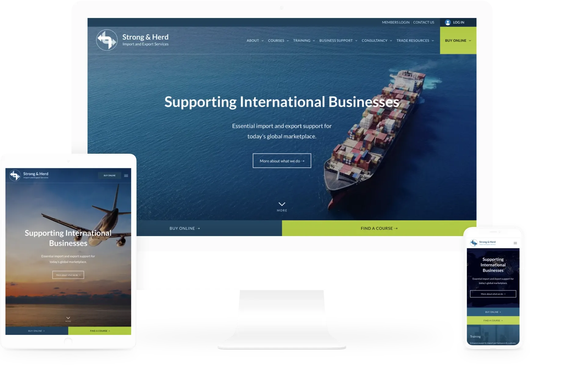 A computer monitor a tablet and a cell phone display a website for supporting international business