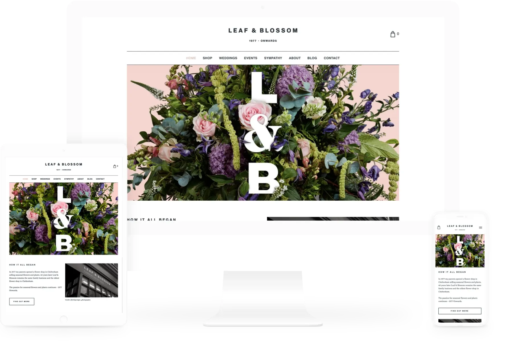 A computer screen shows a bouquet of flowers with the letters l & b on it