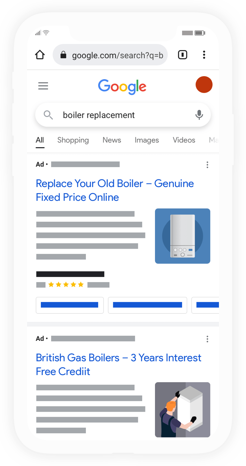 A phone is open to a google search page
