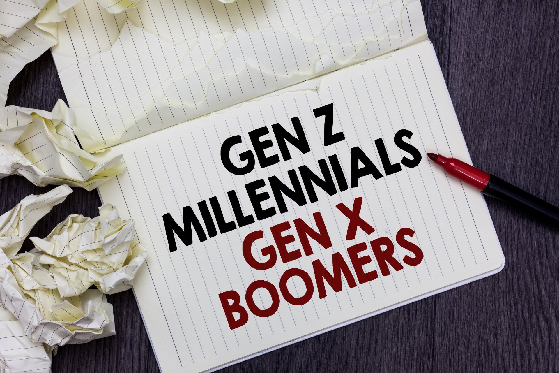 A piece of paper that says gen z millennials gen x boomers