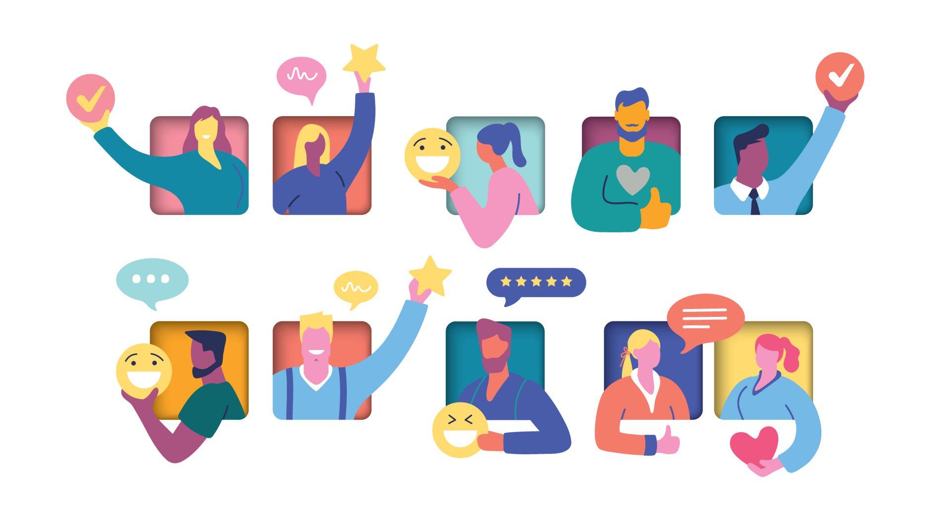 A group of people are holding up smiley faces and speech bubbles