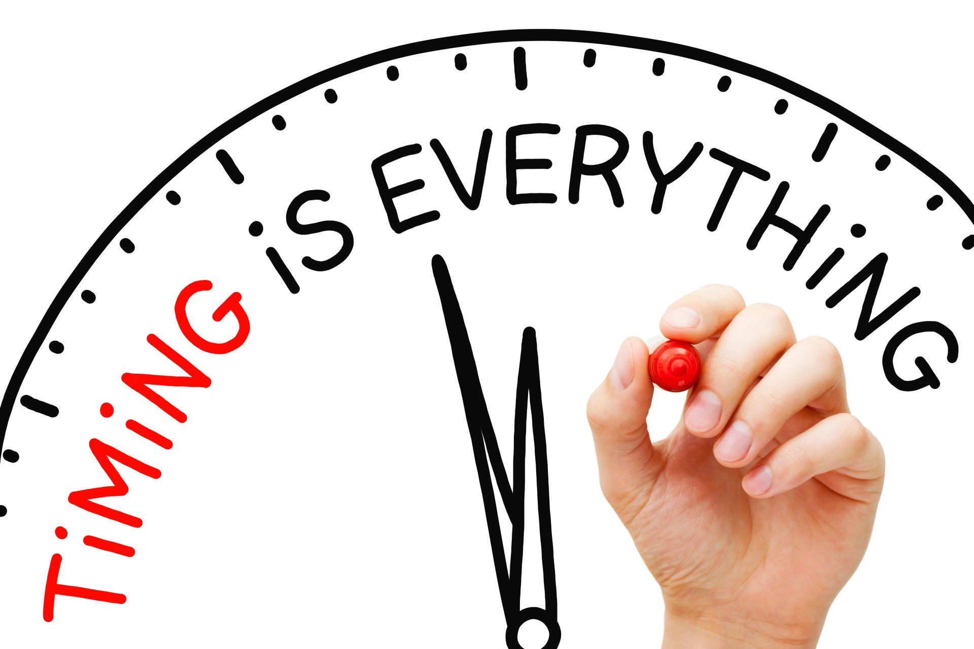 A hand is writing timing is everything on a clock