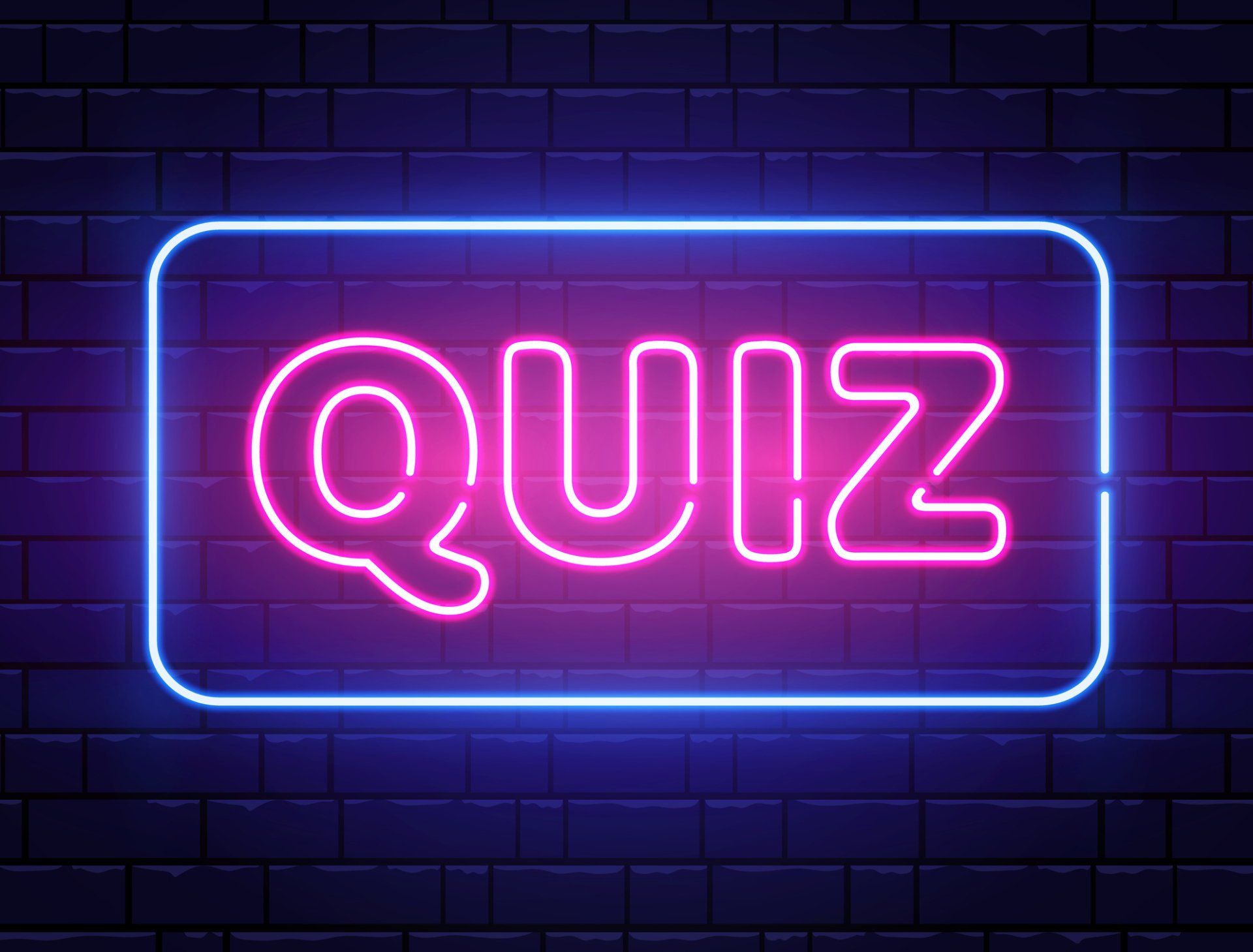 A neon sign that says quiz on a brick wall