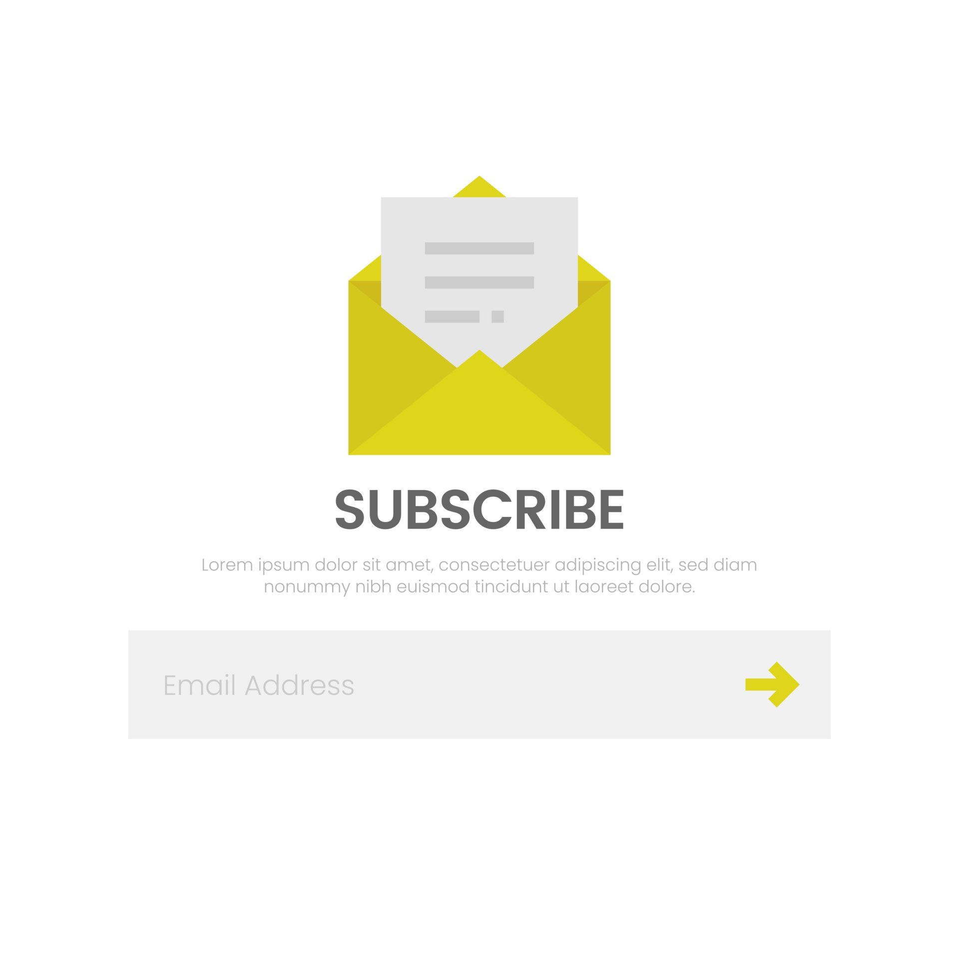 A yellow envelope with a piece of paper in it and a subscribe button.