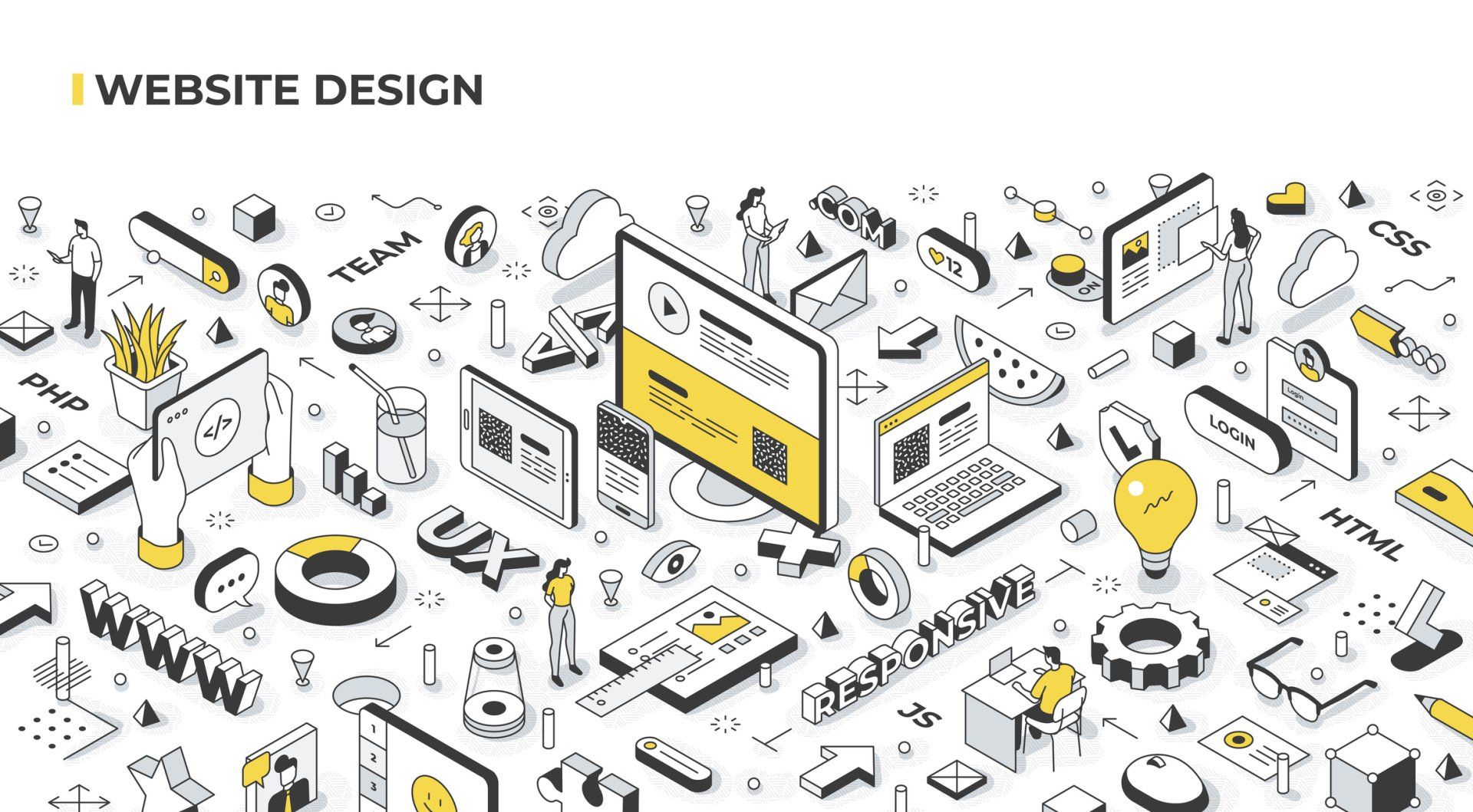 A black and white isometric illustration of a website design.