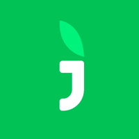 A green background with a white letter j and a green leaf