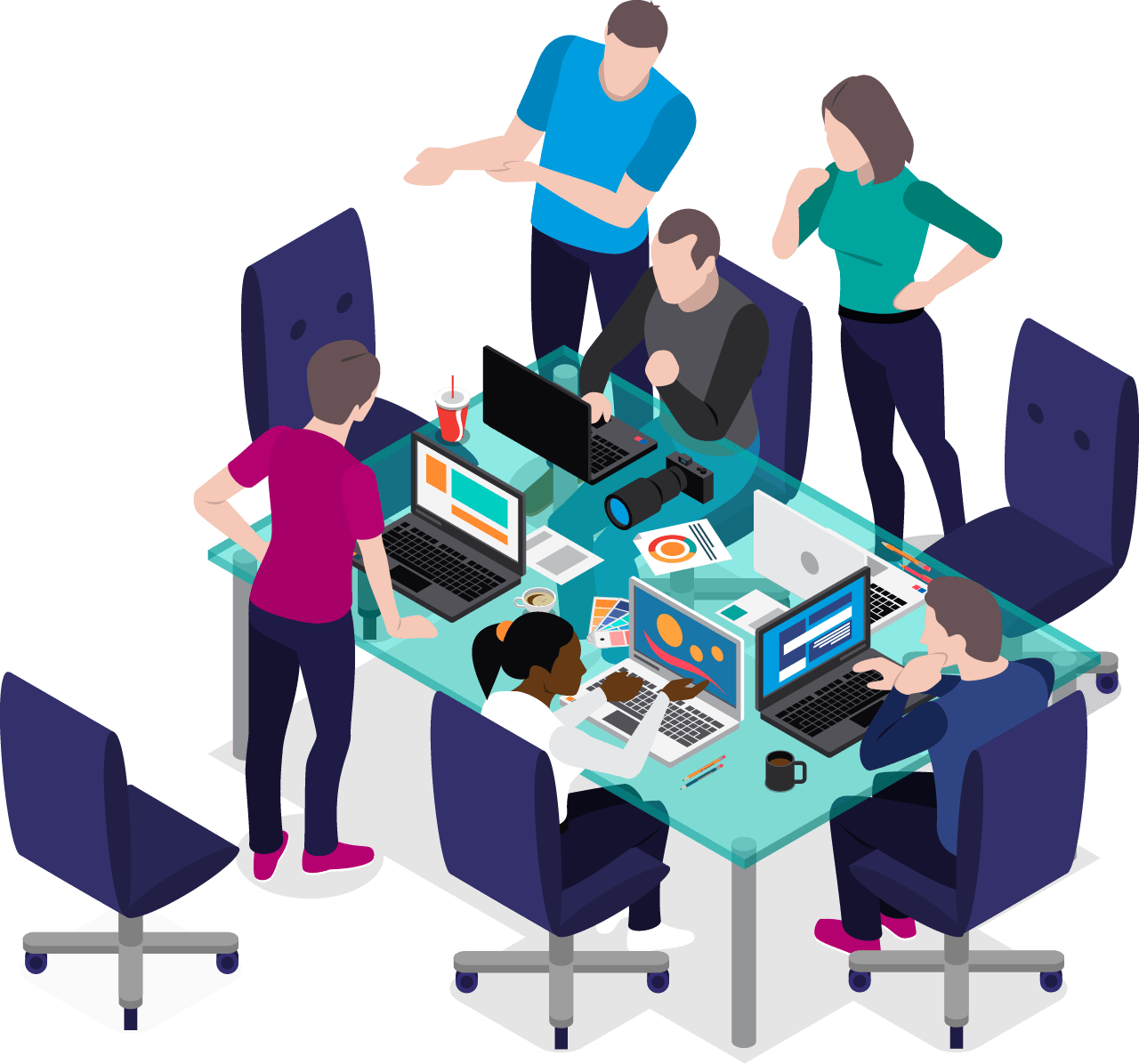 A group of people are sitting around a table with laptops