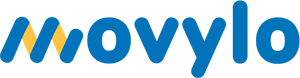 A blue and yellow logo for movylo on a white background