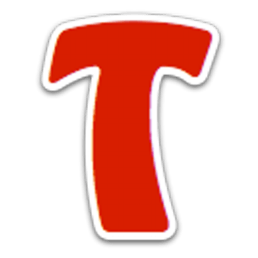 A red letter t with a white outline on a white background