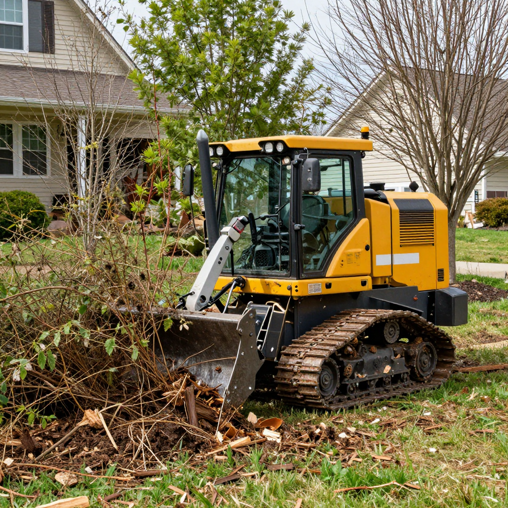 Yellow tracked loader clearing brush beside a house in a suburban yard