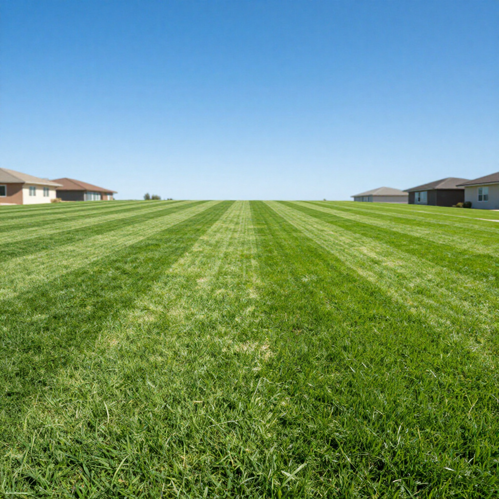 A vast, vibrant green lawn with crisp, freshly mowed stripes stretching toward suburban houses under a clear blue sky. Wide green grassy field with mowing stripes, flanked by houses under a clear blue sky.