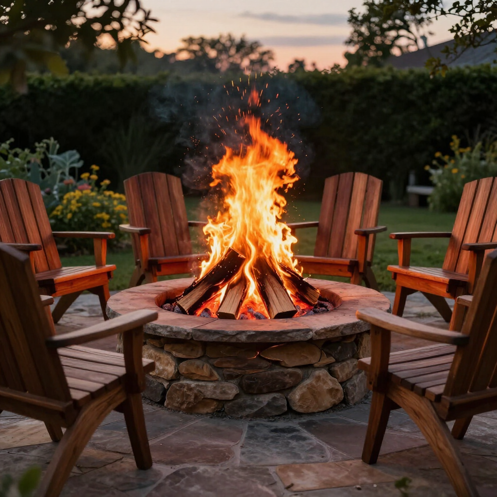 Wooden Adirondack chairs circling a stone fire pit with a bright campfire at dusk in a backyard garden.