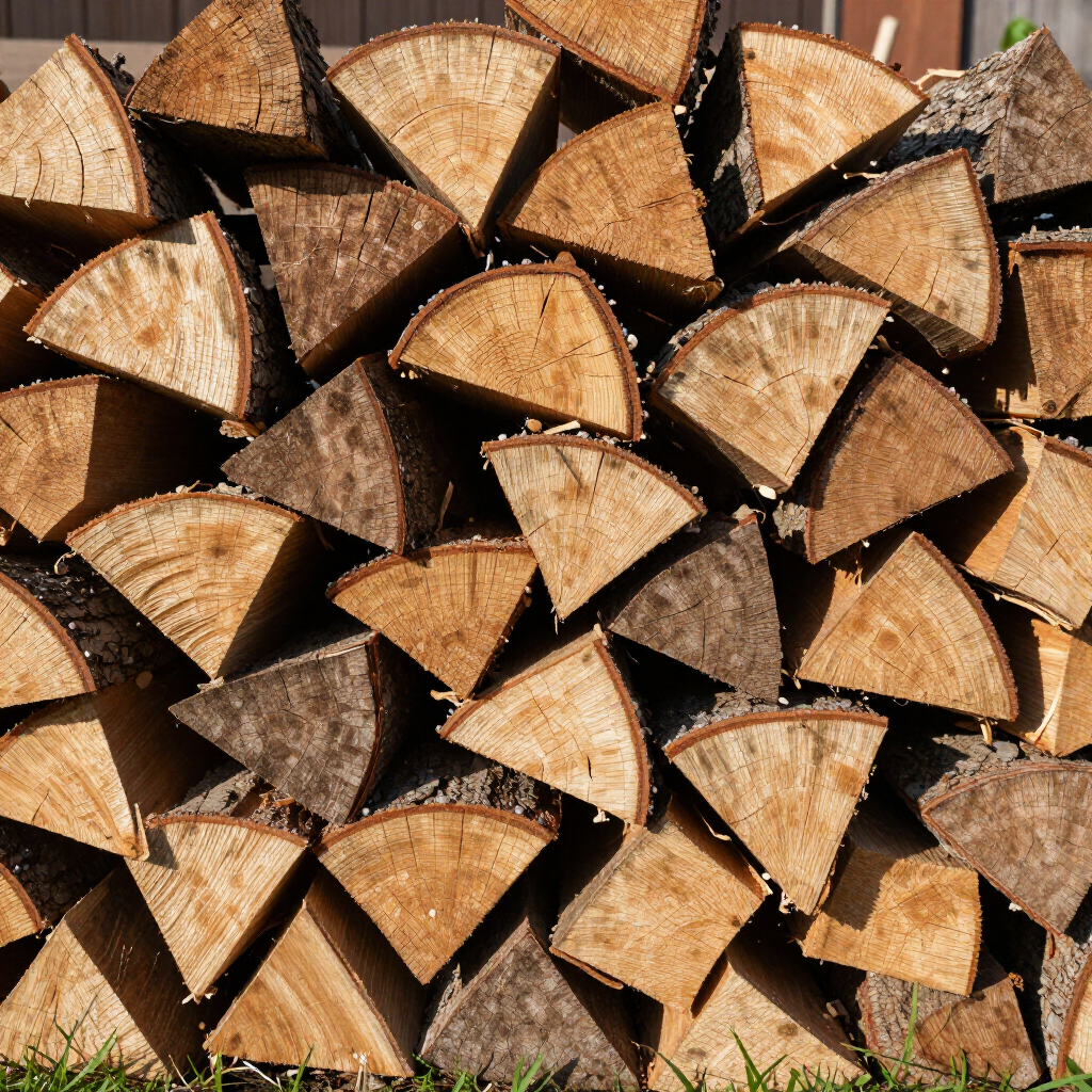 Stacked cut firewood logs with tan ends and dark bark, filling the frame