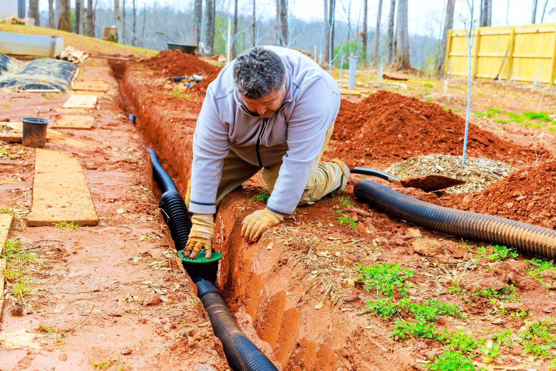 A neatly stacked pile of split logs showing the various textures and warm wood tones of the cut ends. Worker digging a trench beside paved walkways at a muddy construction site, laying black pipe.