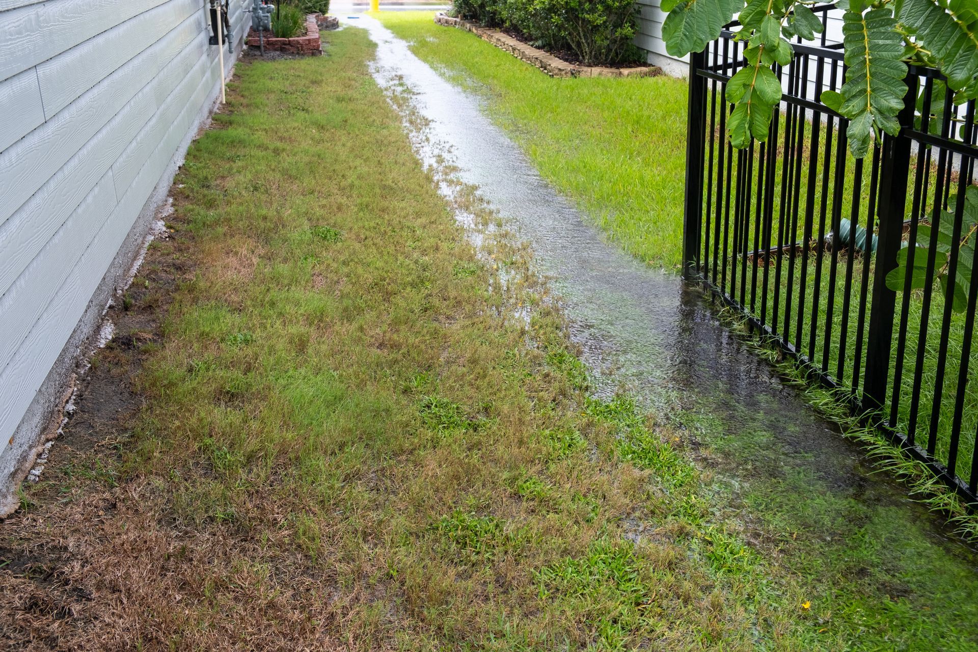 A neatly stacked pile of split logs showing the various textures and warm wood tones of the cut ends. Flooded grassy path beside a house and black fence after heavy rain