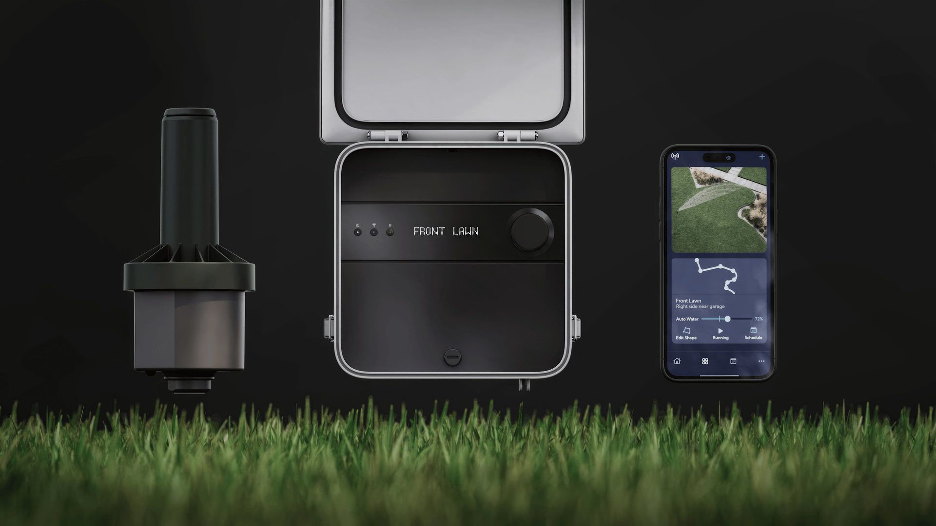 Outdoor grooming kit with trimmer, compact case, and smartphone on grass.