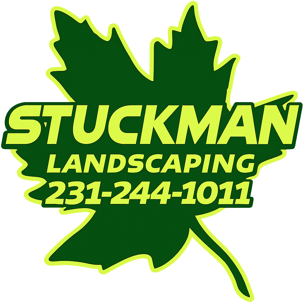 Stuckman Landscaping Stuckman Landscaping logo with green leaf and yellow text, phone number 231-244-1011