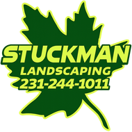 Stuckman Landscaping logo with green leaf and yellow text, phone number 231-244-1011