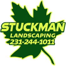 Stuckman Landscaping logo with green leaf and yellow text, phone number 231-244-1011