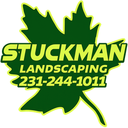 Stuckman Landscaping logo with green leaf and yellow text, phone number 231-244-1011